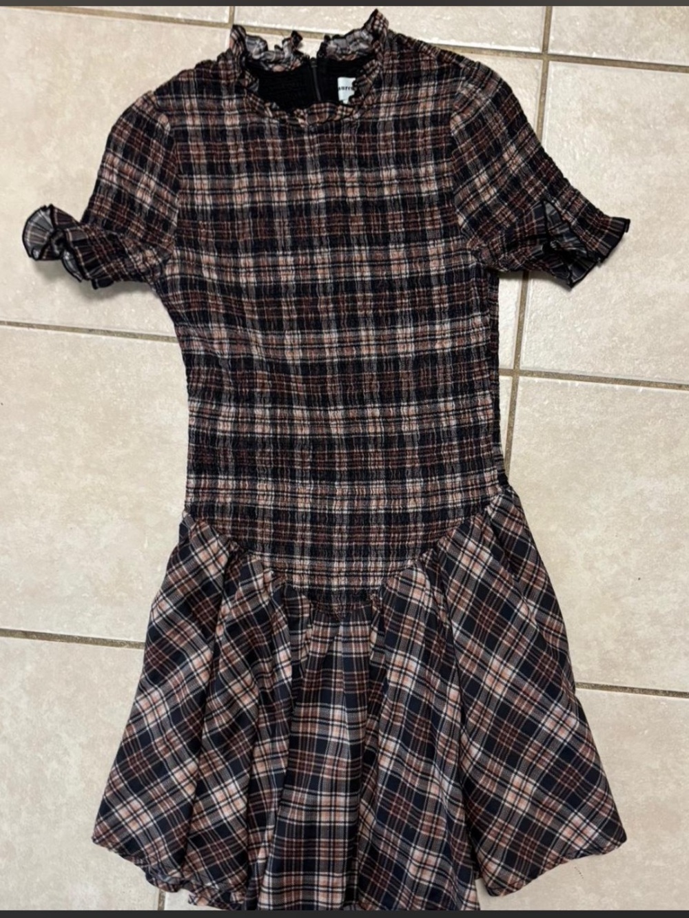 Aureum Sienna Plaid Smocked Brown mini dress with ruffle collar and sleeves